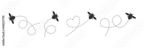 Bee icon set. Bees black silhouettes flying on a dotted route. Vector illustration isolated on the white background.