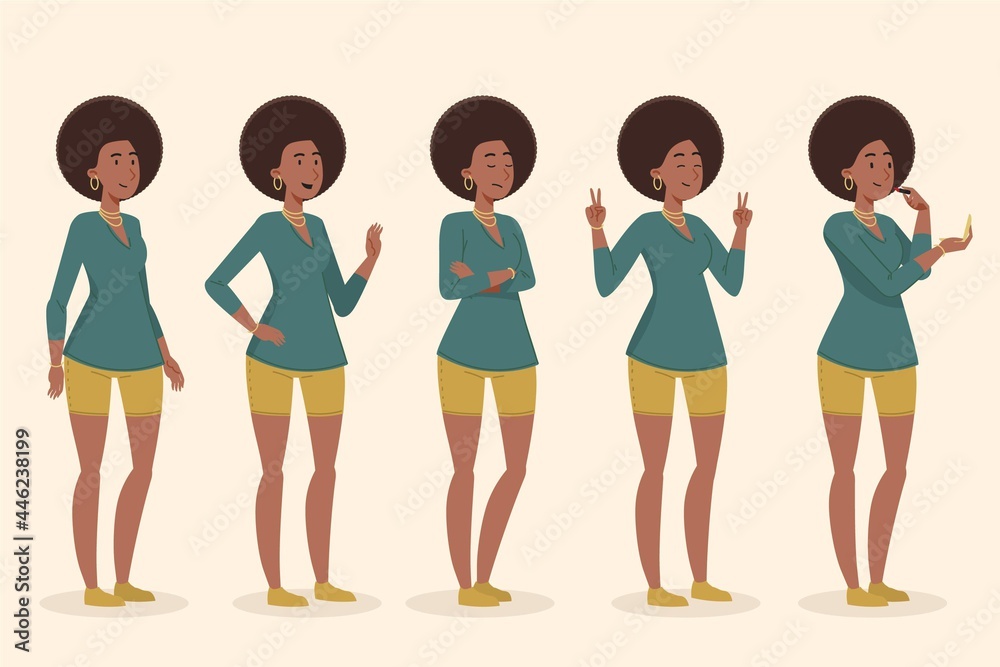 Flat Hand Drawn Black Girl Different Poses Collection 12