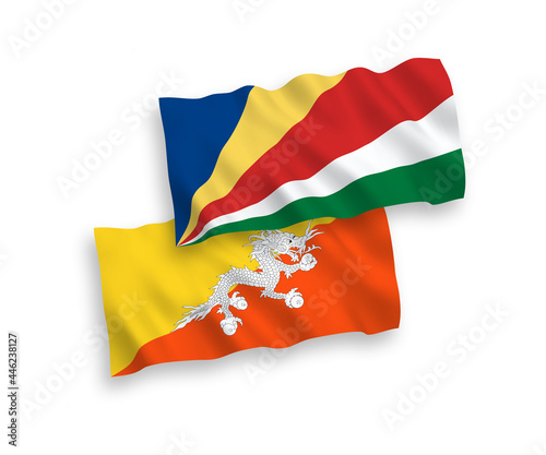 Flags of Kingdom of Bhutan and Seychelles on a white background