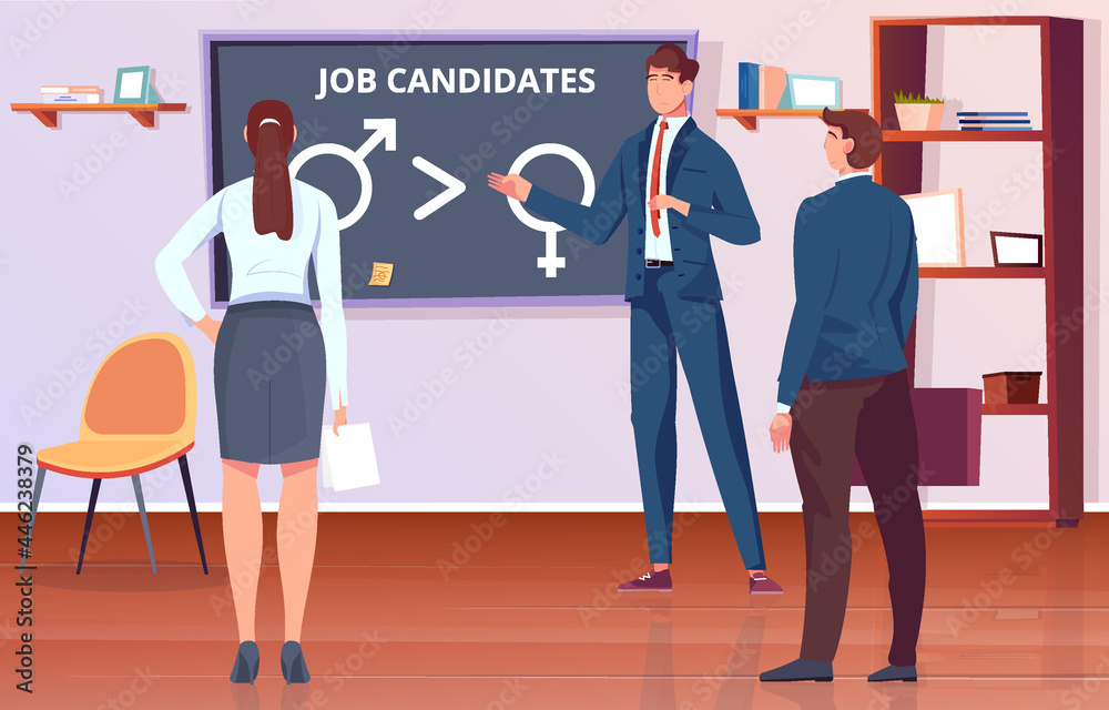 Gender Discrimination Flat Illustration With Male Female Job Candidates Office