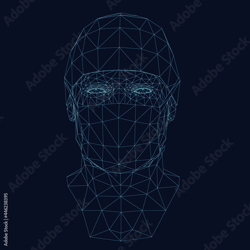 Wireframe of a human head in a protective mask. 3D. Vector illustration.