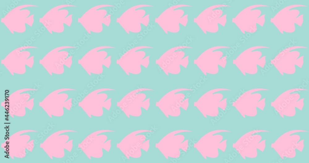 Composition of rows of pink fish on green background