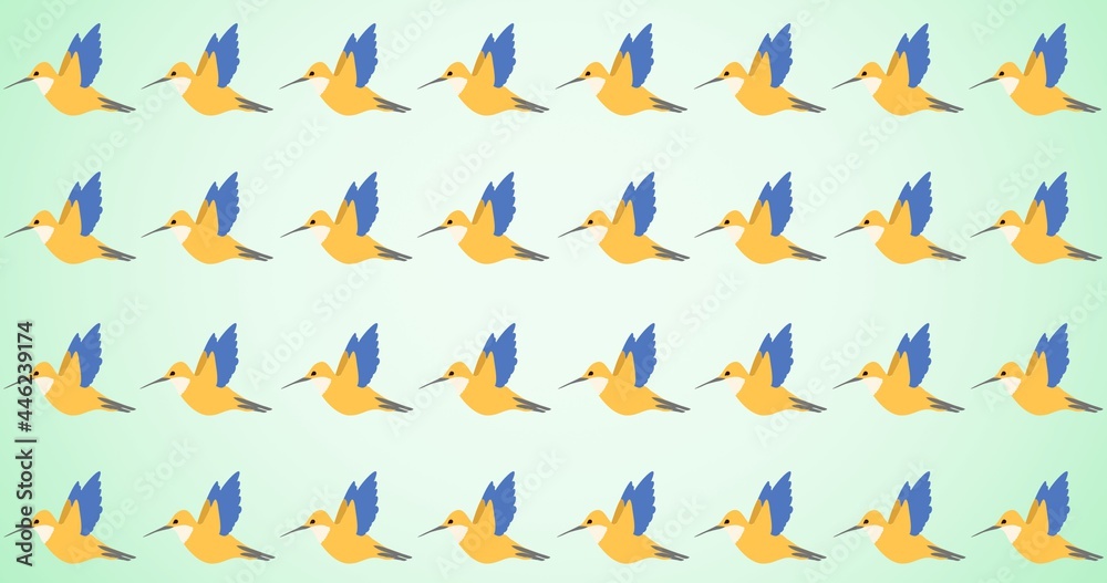 Composition of rows of yellow and blue birds on green background