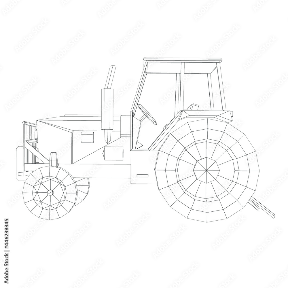 Tractor contour from black lines on a white background. Side view. Vector illustration