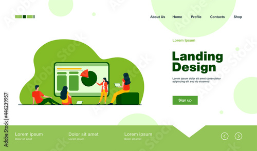 Tiny presenter explaining statistics to colleagues. Chart, laptop, coach flat vector illustration. Marketing and business concept for banner, website design or landing web page