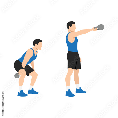 Man doing One arm kettlebell swings exercise. Flat vector illustration isolated on white background