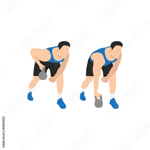 Man doing one arm kettlebell rows exercise. Flat vector illustration isolated on white background