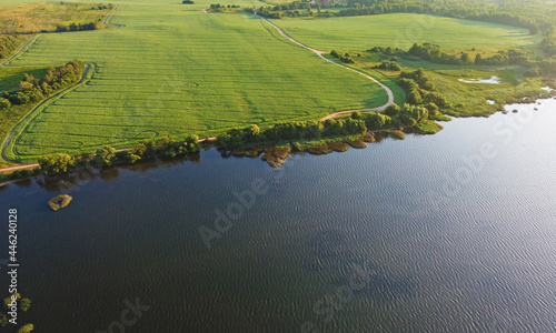 Wallpaper Mural Aerial view of green shore of blue lake on summer morning Torontodigital.ca