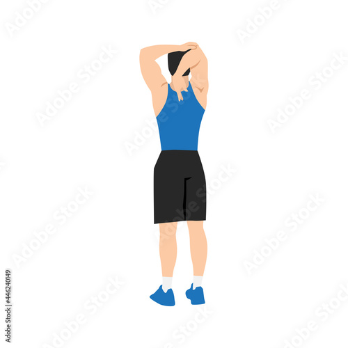 Man doing Overhead triceps stretch exercise. Flat vector illustration isolated on white background
