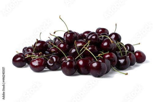 Pile of Fresh dark red cherries of the type Kordia isolated on a white background