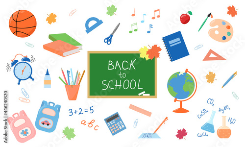 Big school set. Back to school inscription on chalkboard. Supplies collection. Education elements isolated on white background. Vector illustration