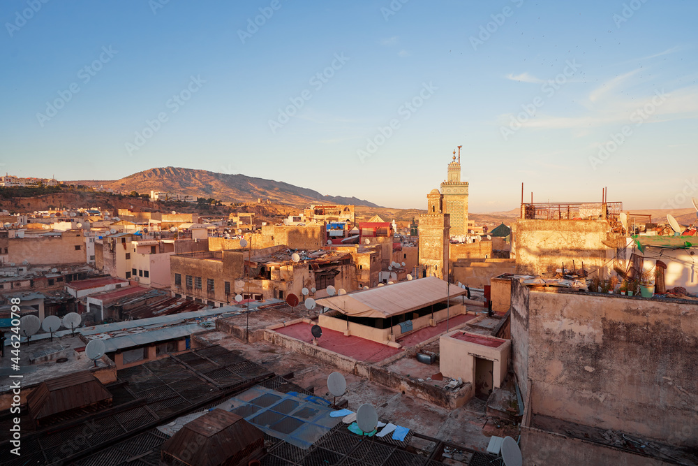 Obraz premium View of Fez City from the roof top terrace. Fes el Bali Medina, Morocco, Africa