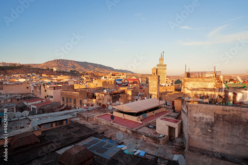 View of Fez City from the roof top terrace. Fes el Bali Medina, Morocco, Africa