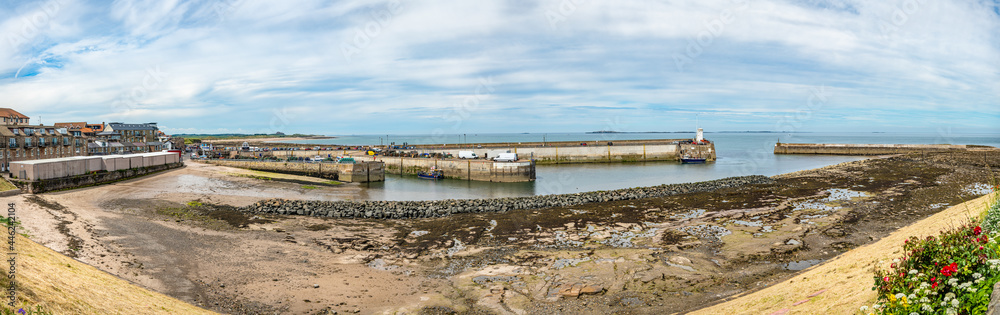 Panorama of  Seahouses Harbour at Low Tide, Northumberland, England 