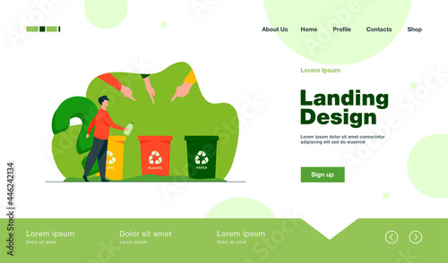 Man throwing out plastic bottle to right container. Hand, trash, waste flat vector illustration. Environment and recycling concept for banner, website design or landing web page