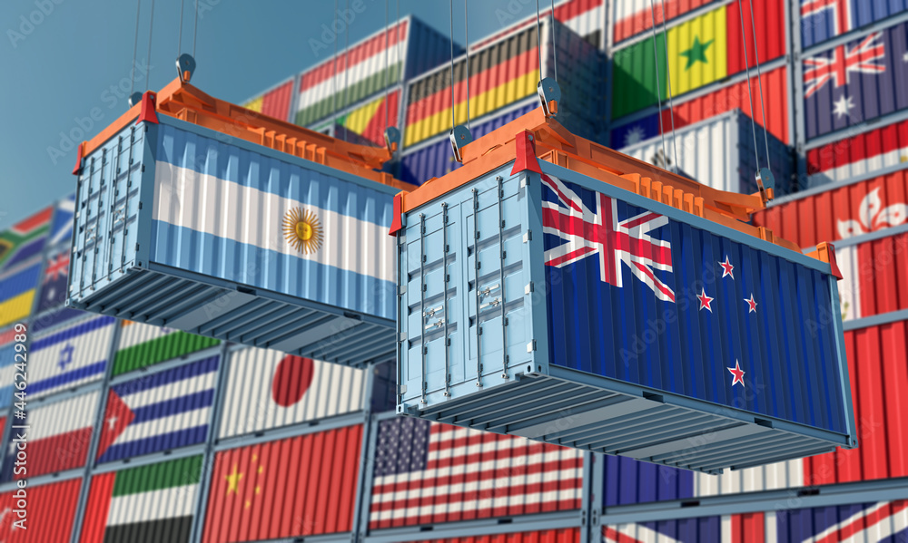 Freight containers with Argentina and New Zealand flag. 3D Rendering 