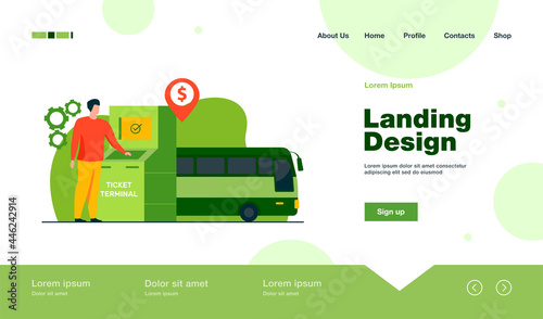 Man buying bus ticket via terminal. Cash, city, transport flat vector illustration. Transportation and digital technology concept for banner, website design or landing web page