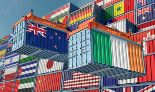 Freight containers with Ireland and New Zealand flag. 3D Rendering 