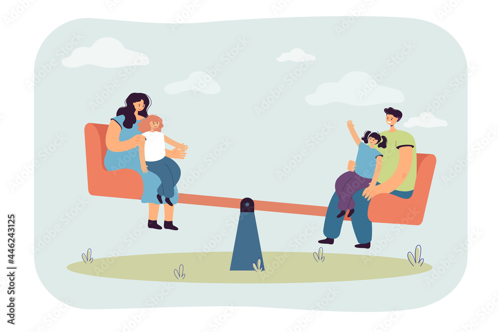 Parents riding carousel with daughters. Family having time together, spending time outside on playground flat vector illustration. Parenthood, recreation concept Parents riding carousel with daughters. Family having time together, spending time outside on playground flat vector illustration. Parenthood, recreation concept