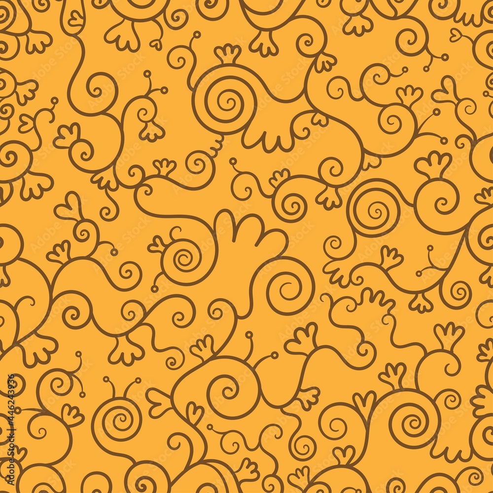 Abstract seamless pattern on orange background. Doodle plants wallpaper. Line art branched print. Abstract seamless pattern on orange background. Doodle plants wallpaper. Line art branched print.