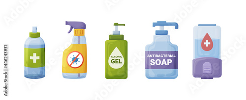Set antibacterial sanitizing in plastic dispenser or spraying container. Coronavirus prevention