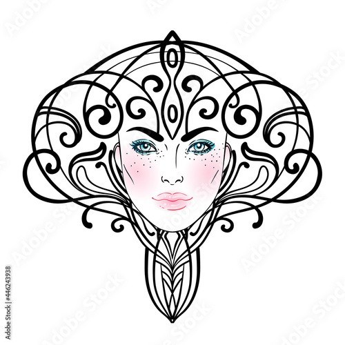 Tribal Fusion Boho Diva. Beautiful divine girl with ornate crown, art nouveau...