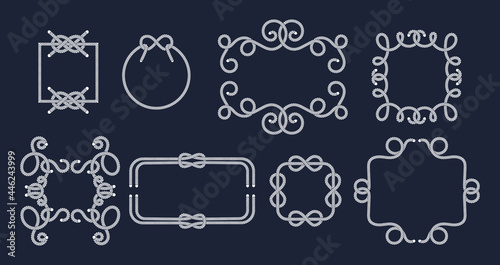 Set nautical rope knots borders of sea water transport. Marine style frames decorative elements thin line