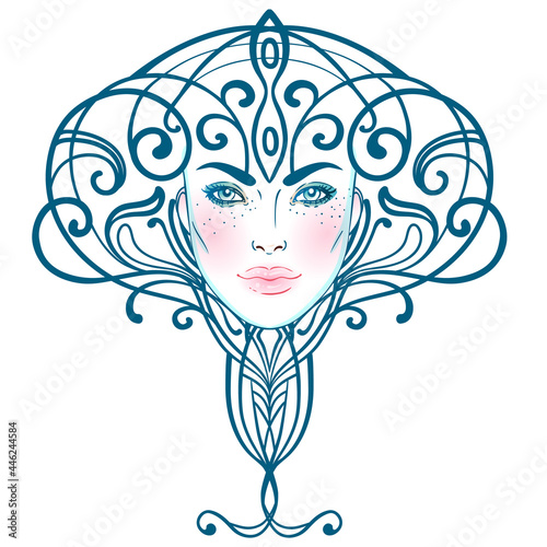 Tribal Fusion Boho Diva. Beautiful divine girl with ornate crown, art nouveau inspired. Bohemian goddess. Hand drawn elegant illustration. Lotus flower, ethnic art, patterned Indian paisley.