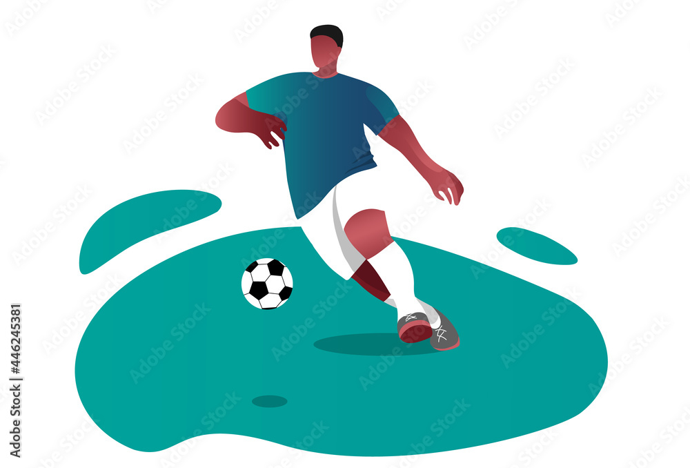 African-American man plays football. Football competitions on the field. A young man with a ball is engaged in sports. Soccer player kicking ball