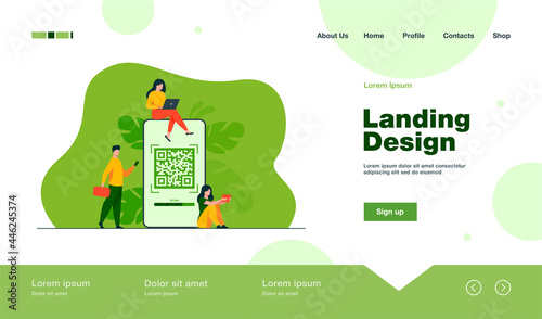 Tiny people using QR code for online payment isolated flat vector illustration. Cartoon infographic characters using smartphone for scan of QR code. Digital wallet and modern technology concept
