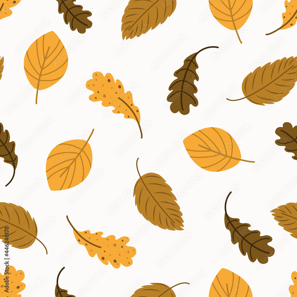 autumn trees pattern. Leaf fall seamless background. Stylized leaves of oak, beech, birch. Versatile design for fabric, digital paper, scrapbooking. Vector hand drawn illustration