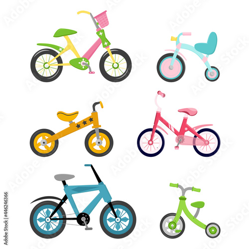 Set of 6 bicycles. Children's, teenage, adult bike. Bright colors. Sports and recreational transport. isolated image on white background. Vector illustration, flat