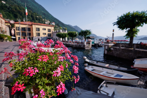 Travel by Italy. Old harbor and promenade of Torno town on the Como Lake.