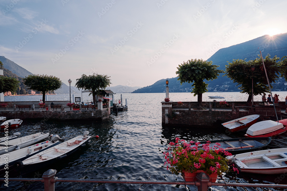 Travel by Italy. Old harbor and promenade of Torno town on the Como Lake.