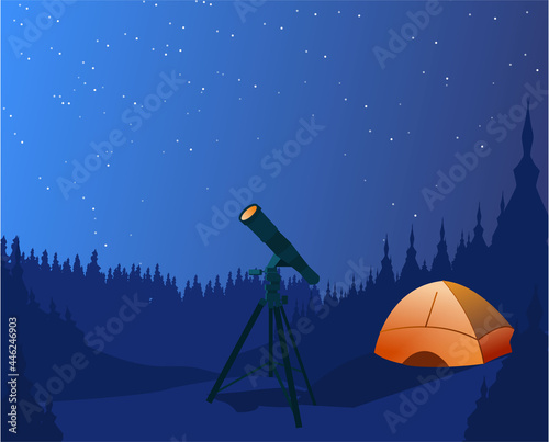 Forest landscape, summer camping, telescope expidition, overnight in tent, star seeing. Editable vector illustration for banner, web site, social media