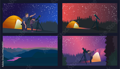 Collection of mountain and river landscapes summer camping, telescope expidition, overnight in tent, stars watching. Editable vector illustration for banner, web site, social media