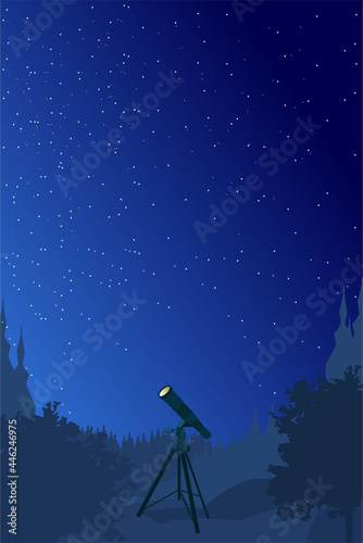 Telescope for science discovery, study astronomy, watching stars and planets in outer space. Vector forest landscape, night starry sky with telescope with tripod. Editable vector illustration