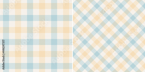 Vichy check pattern spring summer in blue, yellow, off white. Seamless light gingham background graphic for gift paper, tablecloth, oilcloth, picnic blanket, other modern textile or paper print.