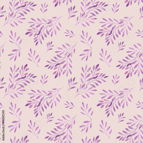 Watercolor background with leaves. Watercolor patern with branches and lilac leaves. Abstract leafy pattern. Design for textiles, stationery.