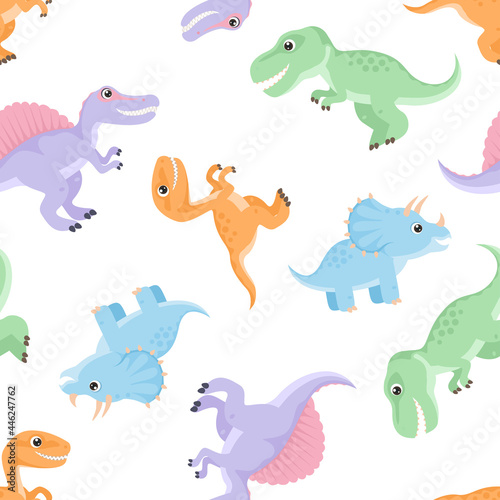 Fototapeta Naklejka Na Ścianę i Meble -  Seamless pattern with cute cartoon dinosaurs. Funny velociraptor, Tyrannosaurus, Triceratops, and Spinosaurus. Vector simple flat illustration. Children's background.