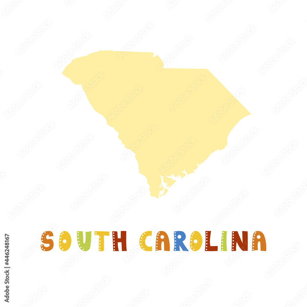 South Carolina map isolated. USA collection. Map of South Carolina - yellow silhouette. Doodling style lettering on white
