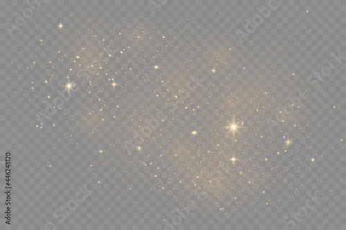 The dust sparks and golden stars shine with special light. Vector sparkles on a transparent background. . Vector illustration