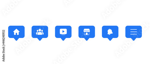 Home, Group, Watch, Marketplace, Notification, and Menu in Speech Bubbles. Menu Icon Set of Social Media