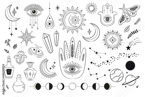 Vector set of mystical magic symbols. Spiritual occultism hand drawn line objects with sun, moon, stars, eyes, sunburst, tribal. 