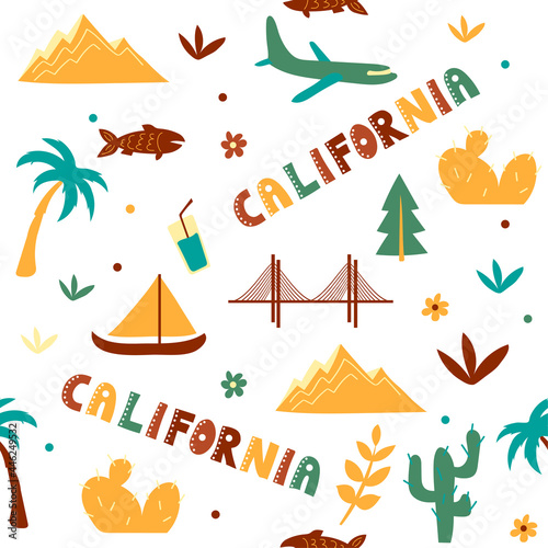 USA collection. Vector illustration of California theme. State Symbols - seamless pattern