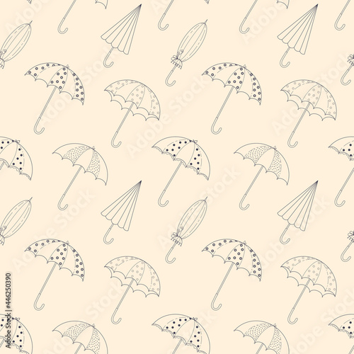 Seamless vector pattern with various cute hand drawn umbrellas in lineart style. Funny background with doodle elements for package, wrapping paper, banner, print, gift, fabric, wallpaper, textile.