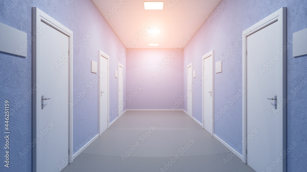 The Corridor in office building. 3D rendering. Sunset. The Corridor in office building. 3D rendering. Sunset.