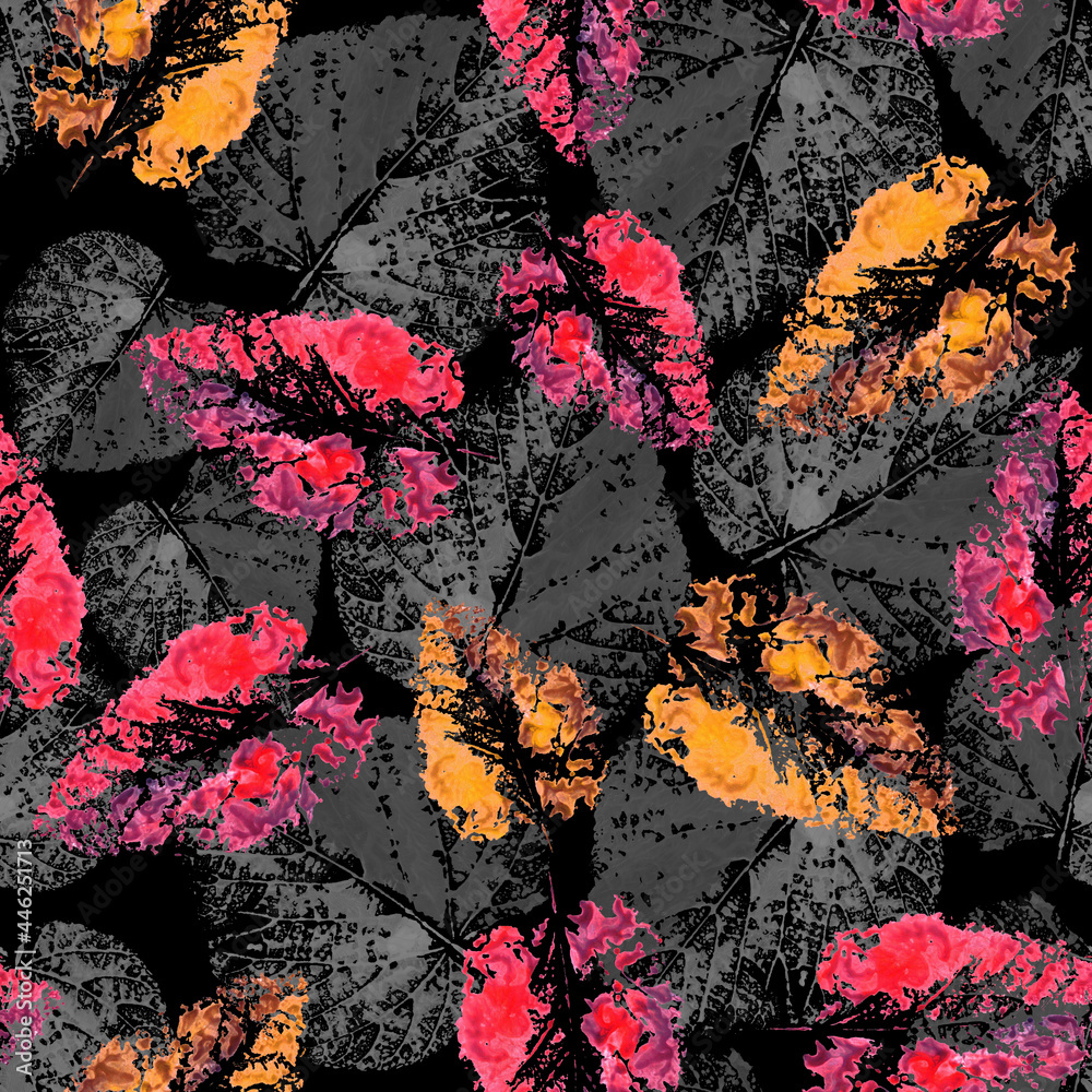 Yellow red and black leaves watercolor, bright foliage, holiday postcard, seamless pattern, autumn background, textile, wallpaper, frame