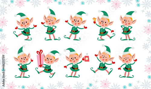 Set of different cute little Santa elves characters isolated. Elf carry gift box, drink hot chocolate, jump, wink, smile. Vector flat cartoon illustration. For Christmas card, pattern, banner, sticker
