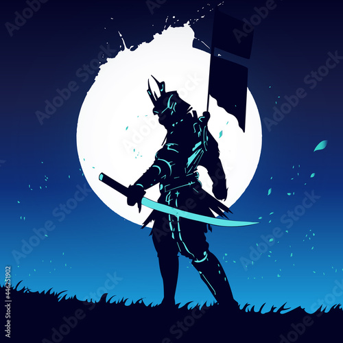 Future samurai with light sword cartoon vector illustration